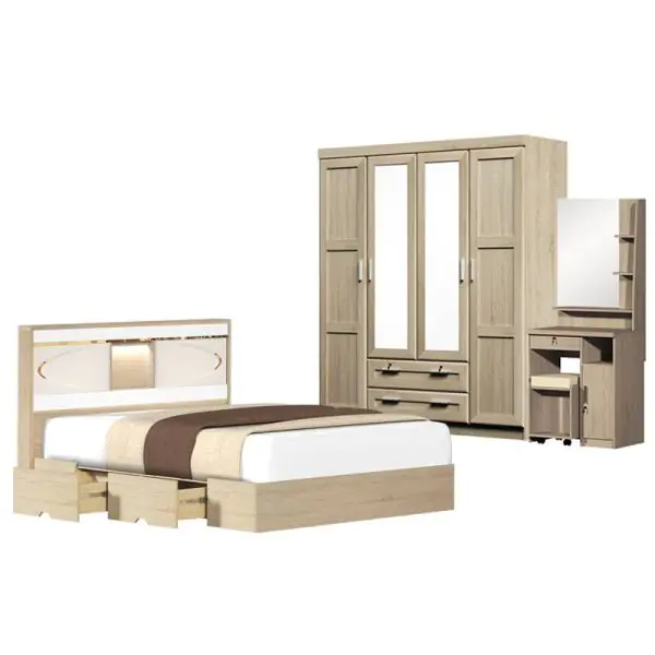 ชุดห้องนอน 5-6 ฟุต (เตียง+ตู้เสื้อผ้า+โต๊ะเครื่องแป้ง+ที่นอน) Pf